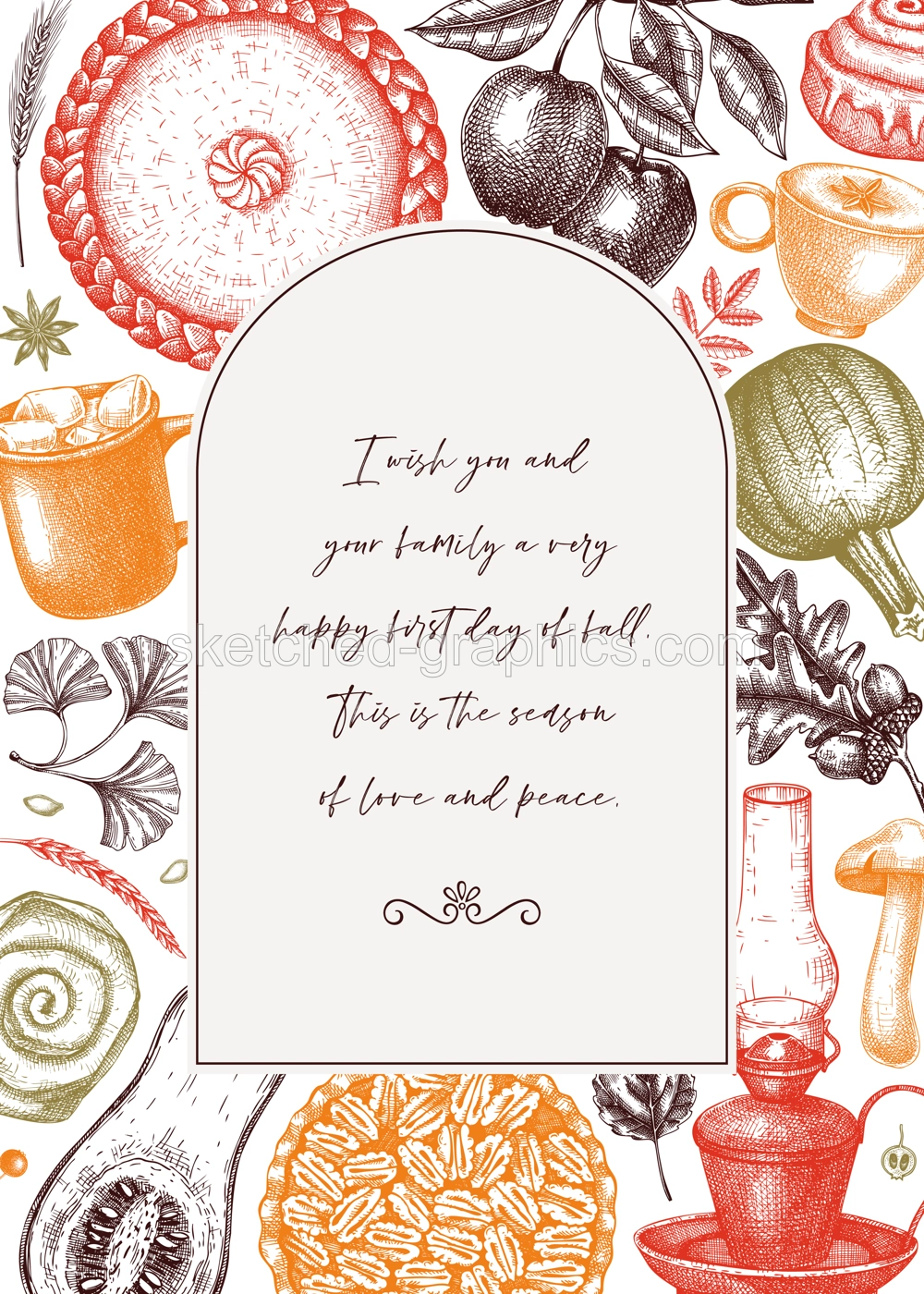 Autumn frame design template. Hand-drawn vector illustration. Pumpkin, hot drink, fruit, pie, vegetables, pastry, fall leaves sketches. Harvest banner n color. Thanksgiving background Illustration